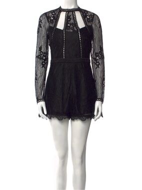 Alexie Black Crochet Lace Romper with Sheer Sleeve Accents